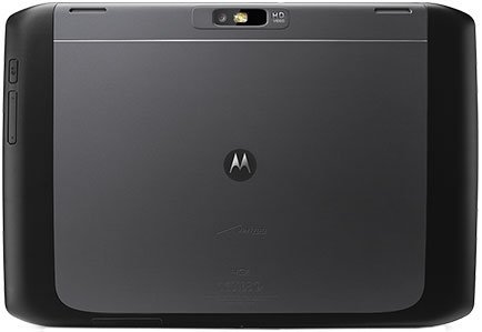Rear view of black Motorola tablet with centered camera and flash, Motorola logo, and side buttons on the left edge.