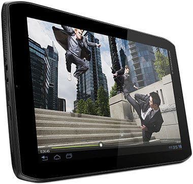 Front view of the Samsung Galaxy Tab showing a paused action movie scene with three men fighting on city steps.