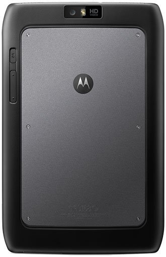 Motorola tablet rear view with centered logo, HD VIDEO camera on top, left side buttons, matte black finish, and visible screws.