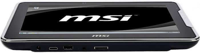 MSI tablet front view lying flat, screen on with logo; USB, mini HDMI, headphone jack, and card slot visible on front edge.