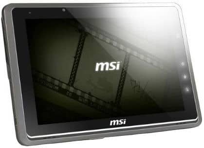 MSI tablet, black with thick bezel, reflective front display showing MSI logo; angled front view on white background.