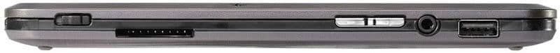 Side view of tablet showing vent, USB-C port, headphone jack, SD card slot, and control buttons on metallic chassis.