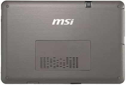 Rear view of closed gray MSI laptop with MSI logo, battery compartment, ventilation slots, and top right camera or sensor.