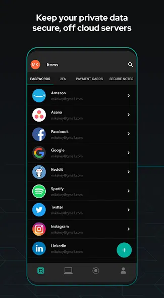 Front view of smartphone showing Password Manager app with Amazon, Facebook, Spotify, LinkedIn accounts on dark interface.