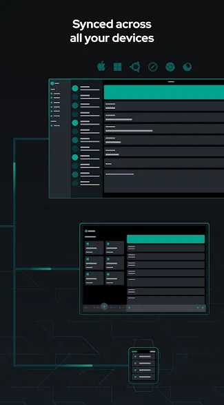 Front view of desktop, tablet, and smartphone with synced menus; Apple, Windows, Android, and Linux icons at the top.