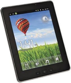 Black Samsung Galaxy Tab, front angled view showing home screen with hot air balloon, 1:41 PM, and app icons at bottom.