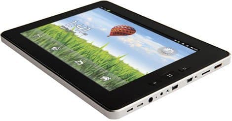 Front view of a black and silver tablet, home screen with hot air balloon wallpaper; edge ports and buttons visible. Brand/model not specified.