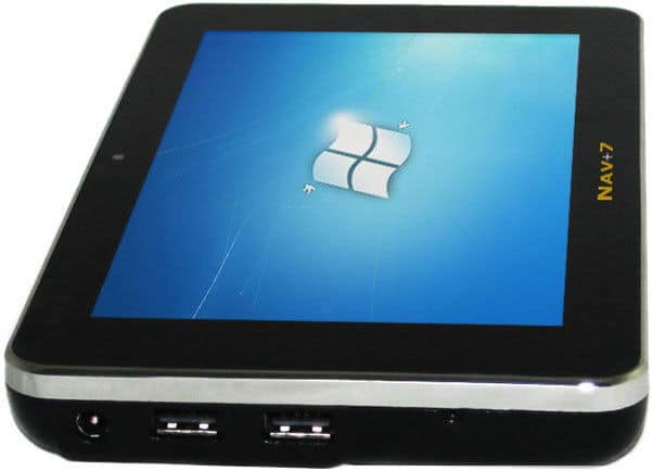 NAV7 tablet, black, angled side view with Windows logo on screen and two USB ports visible on the right edge.