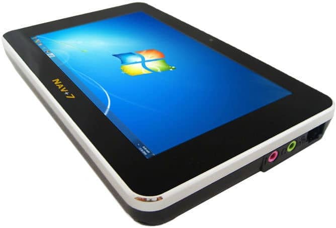 Dell Latitude ST tablet, black and silver, side view with ports and buttons visible; Windows 7 start screen displayed.