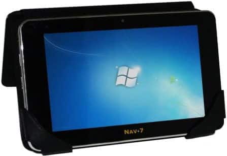 NAV-7 tablet, front view, in a black case showing the Windows 7 login screen. Brand unspecified.