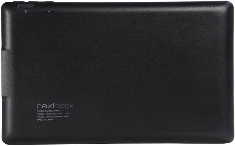 Rear view of Nextbook tablet with brand and model info in white text on lower left; plain black back, no visible buttons or ports.