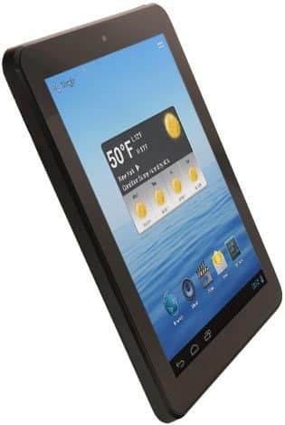 Black tablet, angled front view; weather widget (50°F, sunny) on blue screen with app icons. Brand/model not specified.