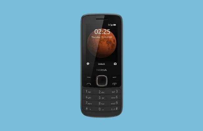 Front view of a black Nokia feature phone on blue background, screen shows 02:25, planet wallpaper, and 16.10.2020 date.