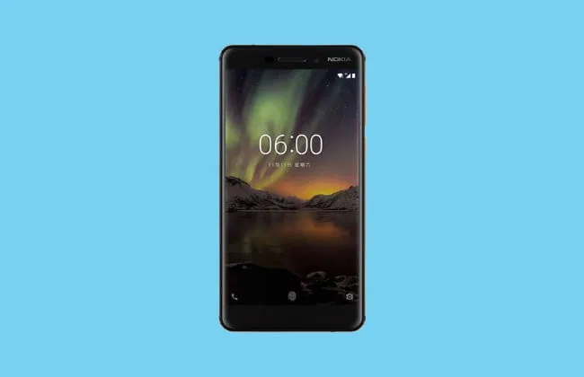 Front view of a Nokia budget smartphone with 06:00 on lock screen, landscape wallpaper, on solid light blue background.