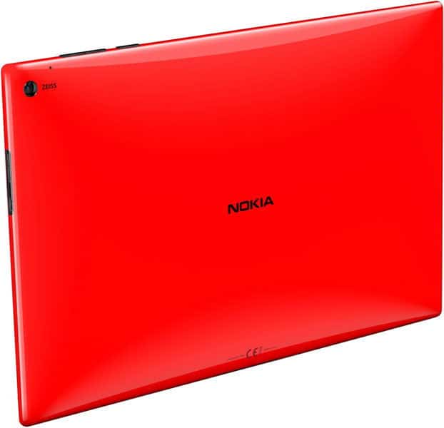 Rear view of bright red Nokia tablet, likely the Nokia T20, showing centered logo and ZEISS-branded rear camera in corner.