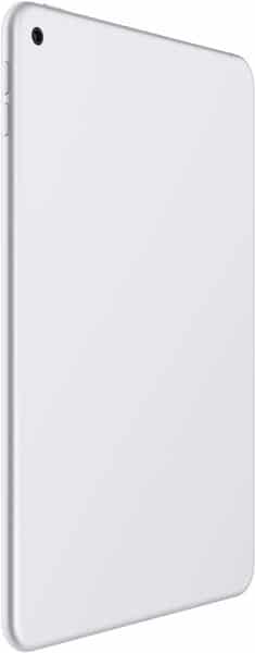 Rear angled view of silver Apple iPad, showing top left rear camera and side volume buttons on a smooth, unblemished back.