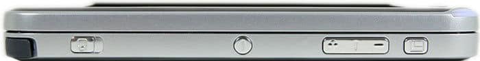 Side view of a silver tablet showing volume and power buttons plus charging port; brand and model not specified.