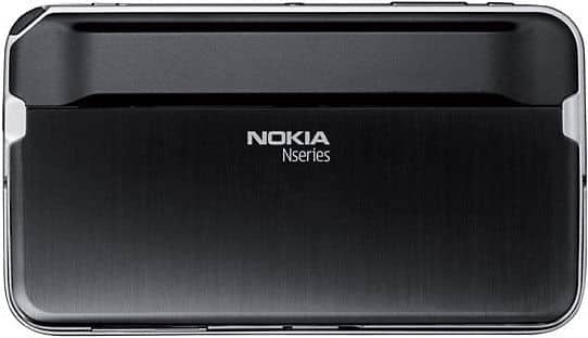 Rear view of black Nokia Nseries device with white Nokia and Nseries branding on a brushed metallic back finish.