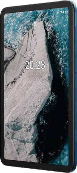 Front view of a blue-framed tablet showing lock screen at 20:23, June 27, with icy landscape wallpaper. Brand/model not shown.