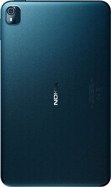 Rear view of blue Nokia tablet, camera at top left, centered Nokia logo, and subtly textured back finish.