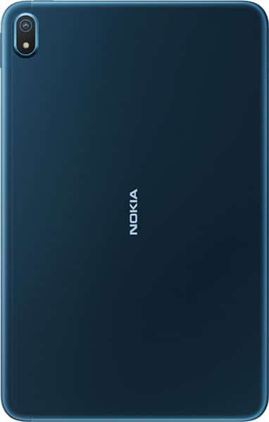 Nokia tablet, rear view; dark blue finish, single top-left rear camera, vertically centered Nokia logo on back.