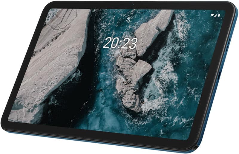 Front view of a tablet displaying 20:23 lock screen, aerial rocky island wallpaper; brand and model unspecified.