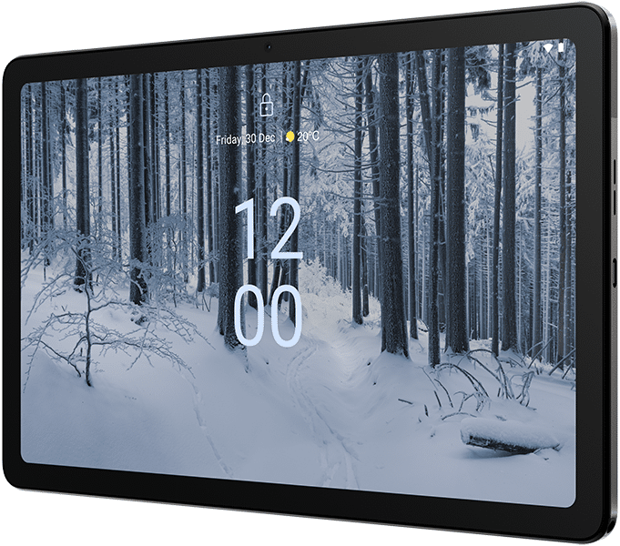 Samsung Galaxy Tab S9 FE tablet displaying lock screen with winter forest and time 12:06