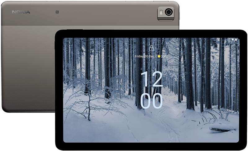 Nokia tablet shown front and rear, displaying snowy forest lock screen with 12:00 time
