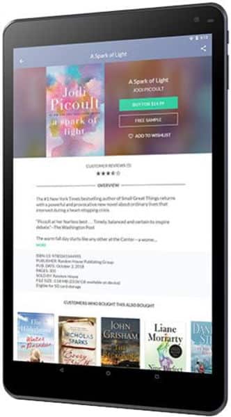 Front view of a tablet showing "A Spark of Light" e-book page with cover, ratings, overview, purchase options, and suggestions.