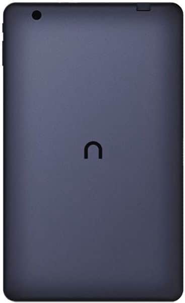 Barnes & Noble Nook Tablet rear view, matte dark gray finish, top-left camera, centered lowercase "n" logo.