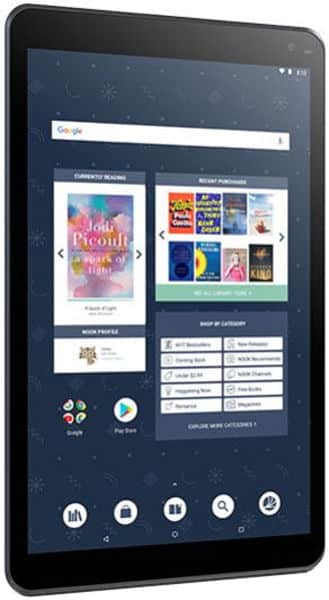Front view of a black tablet, possibly an iPad, showing an e-book store interface against a blue patterned background.