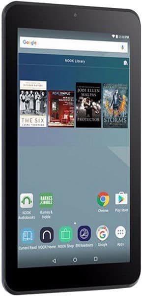 Front view of a black Samsung Galaxy Tab showing home screen, app icons, book covers widget, and time at 12:09 PM.