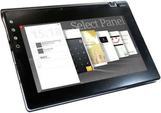 Front view of a black tablet, possibly Samsung Galaxy Tab, displaying app panels in a horizontal carousel on widescreen display.
