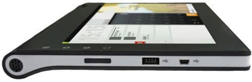 Side view of Samsung Galaxy Tab, black and white, showing screen interface, USB ports, micro USB port, and left-edge speaker.