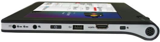 Side view of Lenovo Tab 10 tablet showing audio jack, USB, HDMI ports, and vents; screen displays colorful interface.