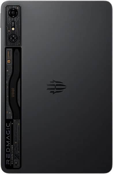 Rear view of a dark gray tablet with minimalist design, central logo, and smooth matte finish; brand and model unspecified.