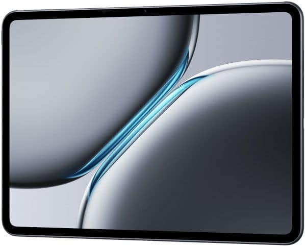 Black tablet shown from a slight front angle, large display on with abstract gray and blue curved shapes on the screen.