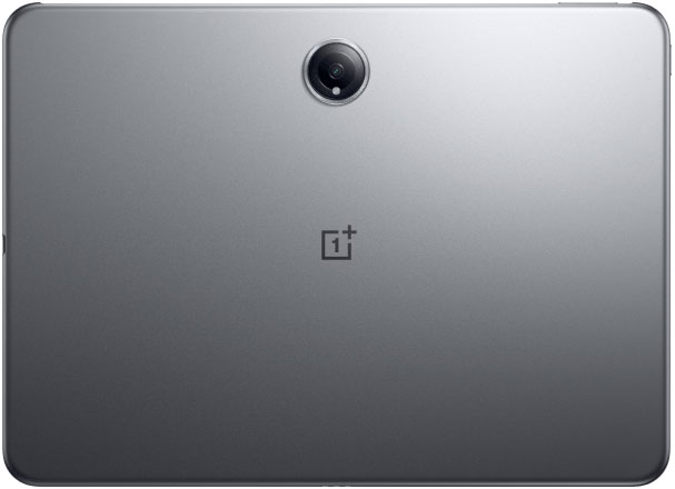 Rear view of a metallic gray tablet with a centered top rear camera and OnePlus logo in the middle.