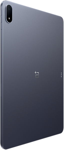 OnePlus Pad shown from rear and side angles; dark grey finish, single rear camera top left, centered OnePlus logo.