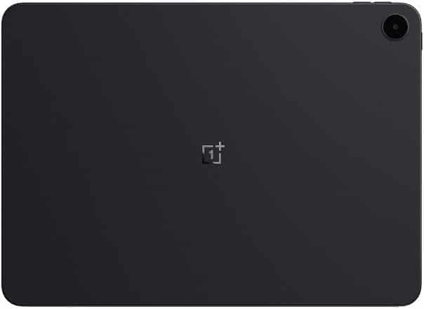 Rear view of a black OnePlus tablet with a single rear camera in the top right and centered OnePlus logo.