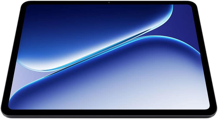 Black tablet, front view at slight angle, features large edge-to-edge display with blue abstract wallpaper.