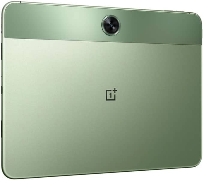 OnePlus Pad rear view in green, showing centered top camera and OnePlus logo in the middle of the back panel.
