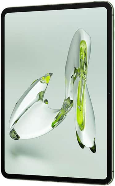 Tablet with slim black bezel showing silver and green abstract design on screen, front angled view. Brand/model not specified.