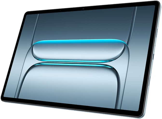 Tablet with black bezel and large screen showing blue-silver abstract design, front-right angled view; brand/model not specified.