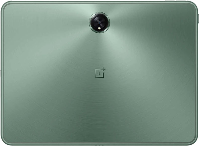 OnePlus Pad rear view in green, with centered top camera and OnePlus logo on brushed metal back.