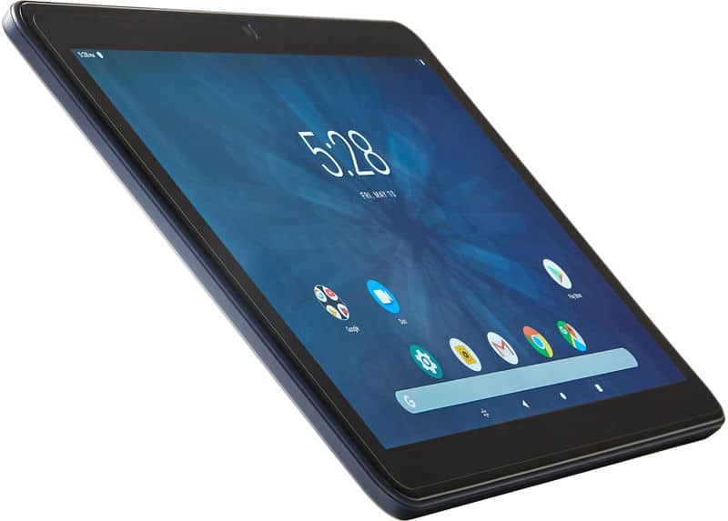 Black tablet, possibly Samsung Galaxy Tab, front angled view showing blue home screen with app icons and 5:28 time.
