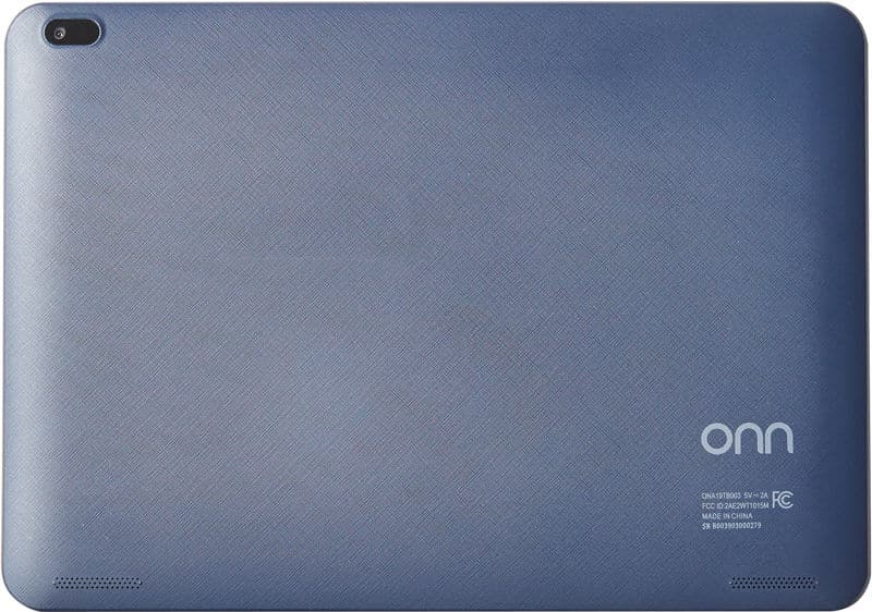 Rear view of blue ONN tablet shows top left camera, ONN logo bottom right, small white text, and dual speaker grilles.