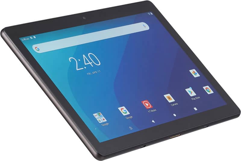 Black Android tablet, likely Samsung Galaxy, front view at an angle showing home screen with Google apps, time 2:40, Jan 17.