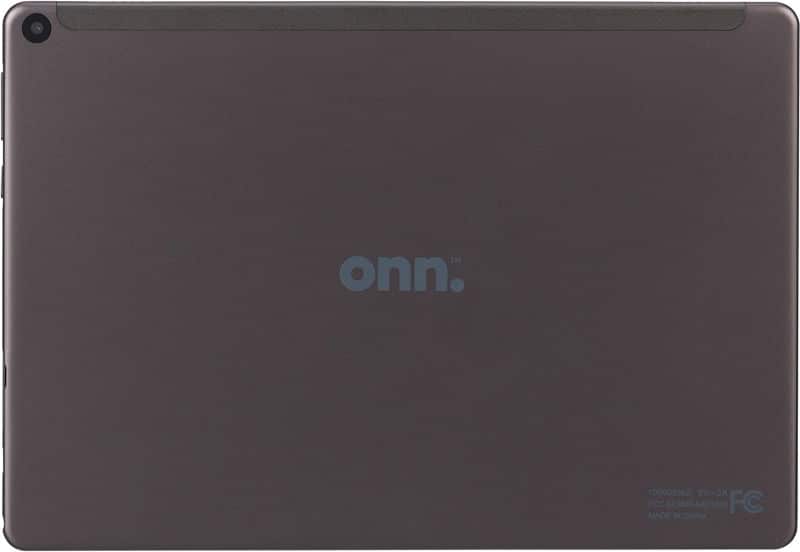 Onn. tablet rear view; matte black finish, centered Onn logo, small regulatory info in bottom right corner.