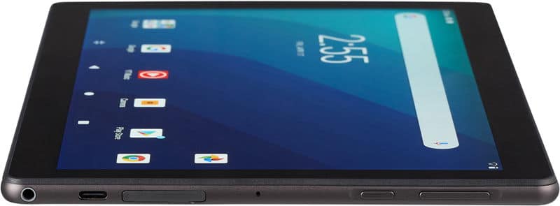 Black tablet, likely Apple iPad, front view on white surface with screen on (2:55), showing apps, buttons and ports visible.